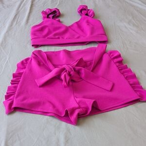 Hot Pink Tie-Waist Ruffle Shorts Set